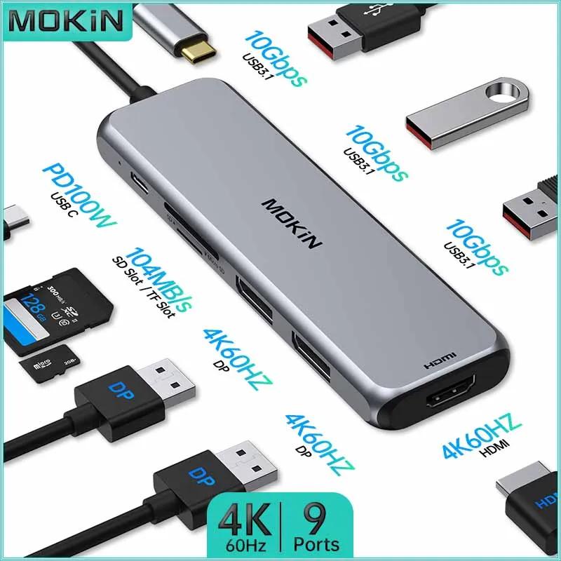 MOKiN 9-in-1 USB C ŷ ̼: 2 DP + HDMI 3 ÷ Ȯ, USB 3.0/3.1, SD/TF, RJ45 MacBook iPad Ʈ 4K 60HZ